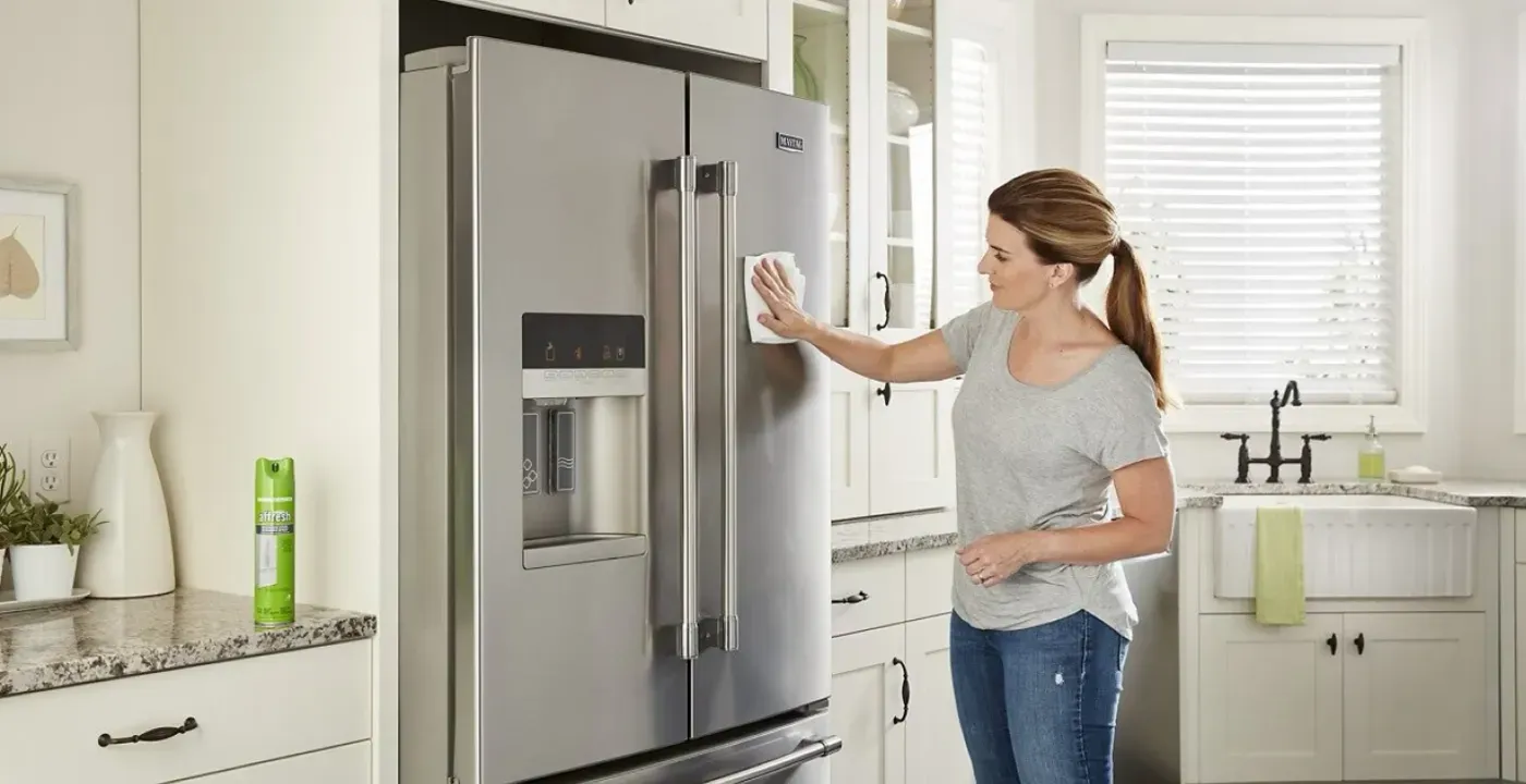 woman-cleaning-stainless-steel-refrigerator
